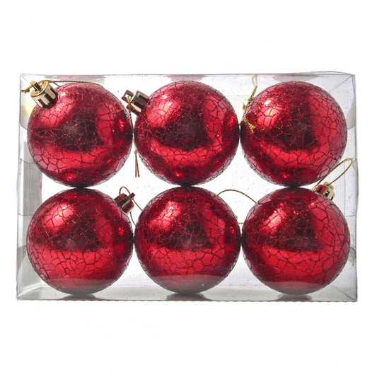 6 cm kugler, rødt crackle glitter, 6 stk i boks