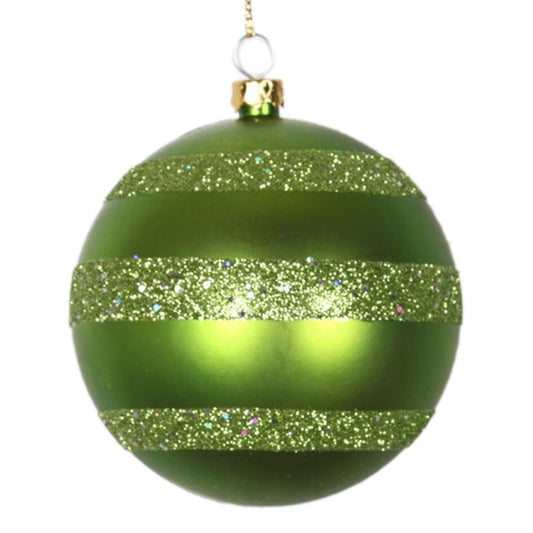8 cm julekugle, mat, lime m/horizontal lime glitter bælter