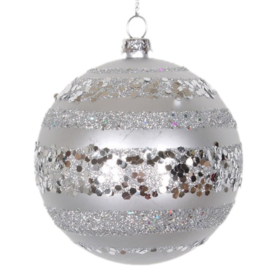 8 cm julekugle, mat, sølv m/horizontal sølv glitter bælter