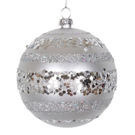 8 cm julekugle, mat, sølv m/horizontal sølv glitter bælter