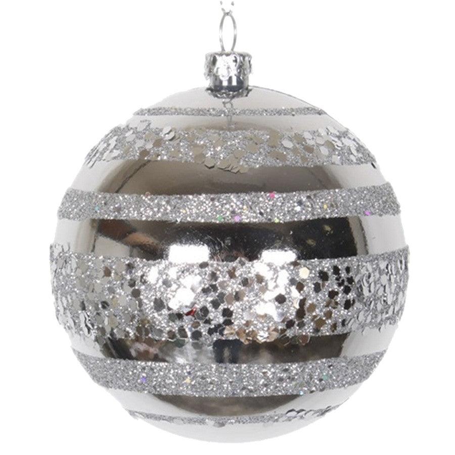 8 cm julekugle, blank, sølv m/horizontal sølv glitter bælter