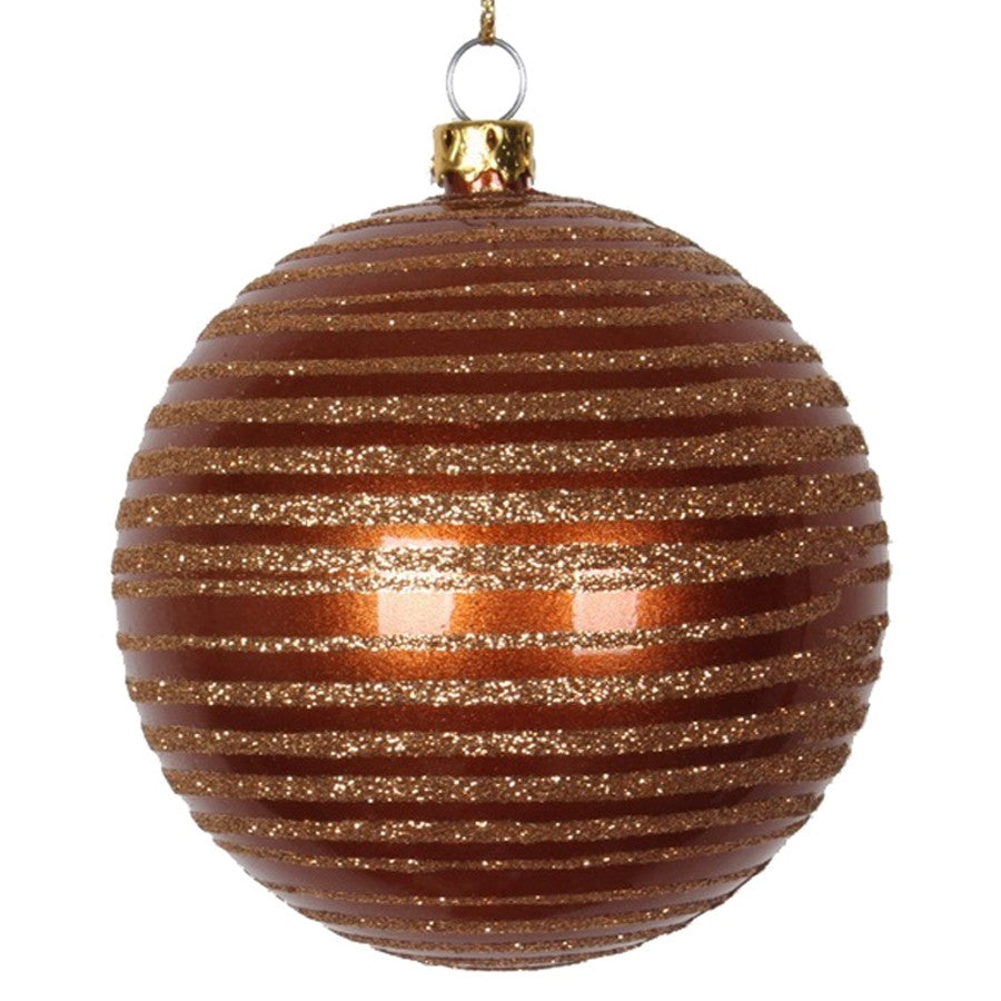 8 cm julekugle, perlemor, kobber med horizontal kobber glitter striber