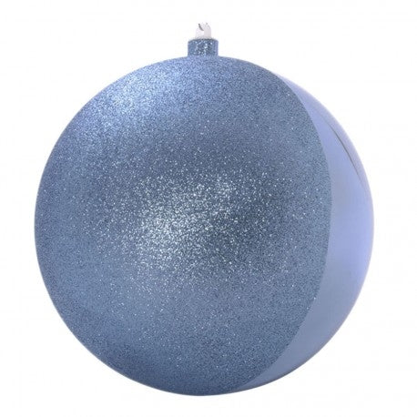 20 cm julekugle, glitter/blank, half/half, gentle blue